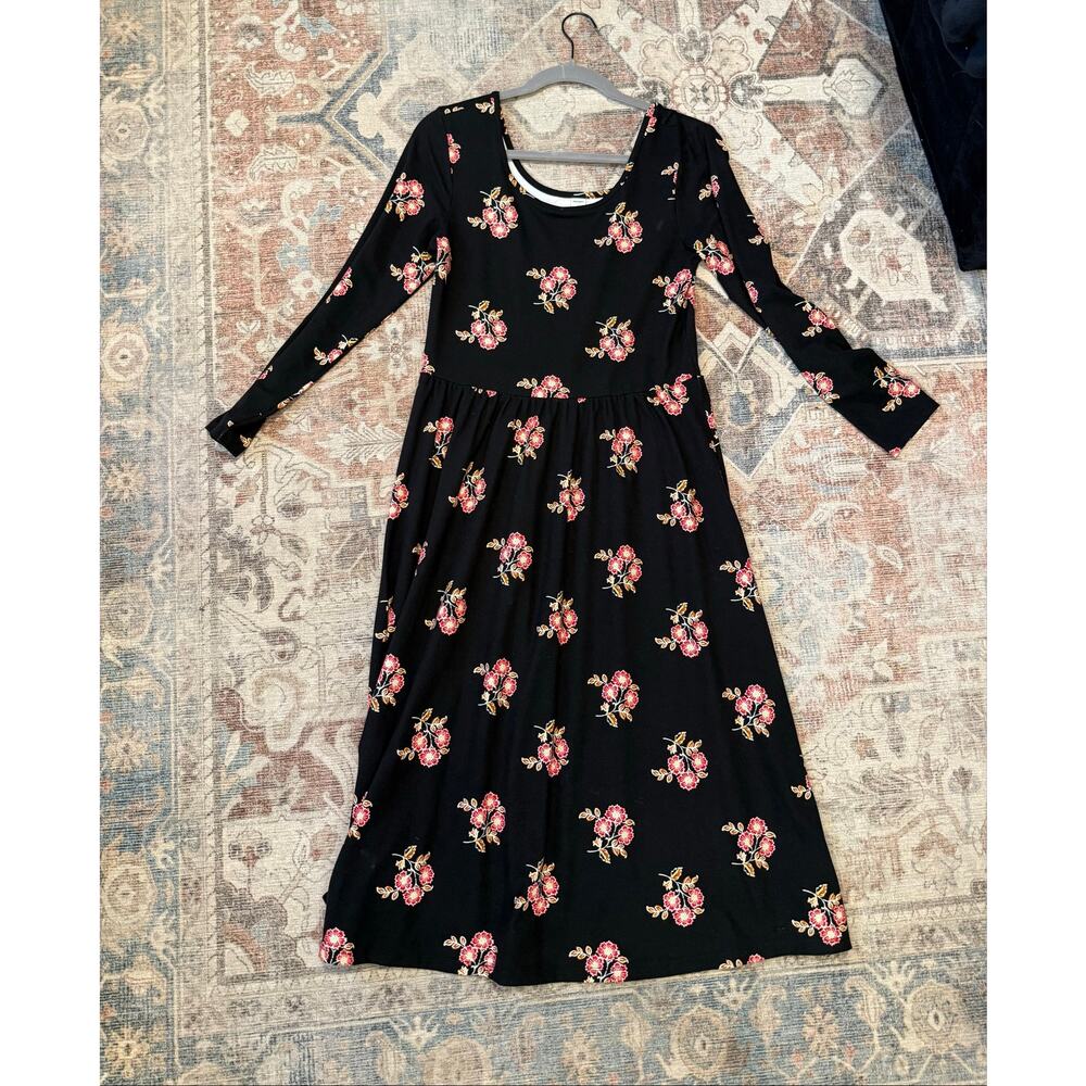 Old Navy Black Floral Long Sleeve Midi Dress, Sz Medium